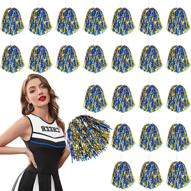 DILIBRA 24 Pcs Metallic Cheerleading Pom Poms for Kids, Cheerleaders Cheer Pom Poms with Baton Handle, Cheering Squad Hand Flower for Adults Team Spirit Sports Game Dancing Party - Image 1